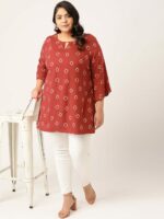 Sztori Maroon & White Plus Size Geometric Printed Flared Sleeves Kurti - Image 5