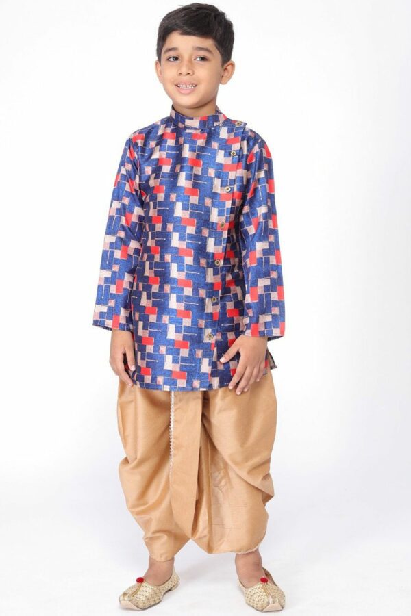 TABARD Boys Blue & Orange Geometric Printed Cotton Kurta
