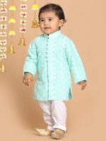 VASTRAMAY SISHU Boys Green Floral Chikankari Pure Cotton Kurta with Trousers