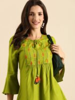 all about you Green Ethnic Motifs Embellished Thread Work Empire Styled Kurti