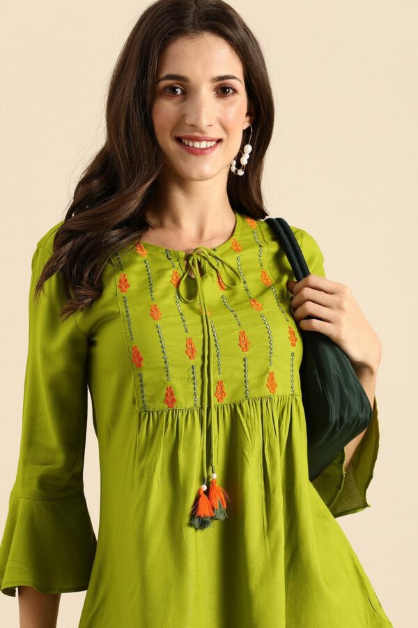 all about you Green Ethnic Motifs Embellished Thread Work Empire Styled Kurti