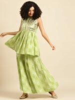 anayna Women Green & White Bandhani Printed Kurta with Palazzos