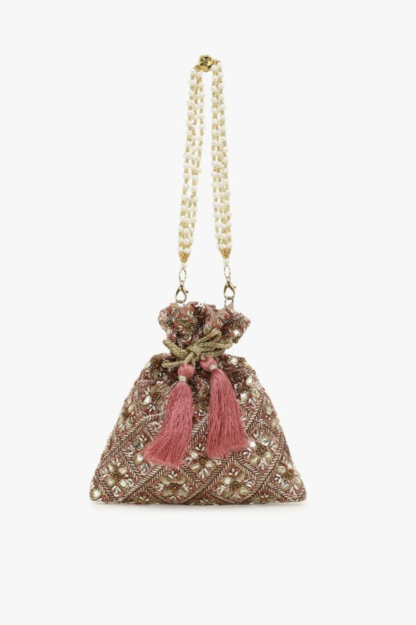 Anekaant Rose Gold & White Embellished Tasselled Potli Clutch