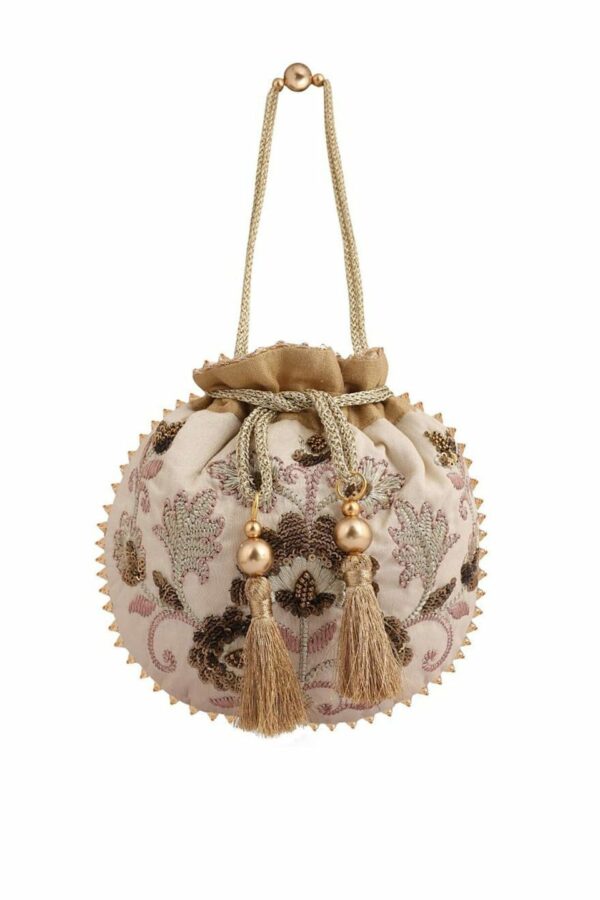 MASQ Beige & Brown Embellished Embroidered Potli Clutch
