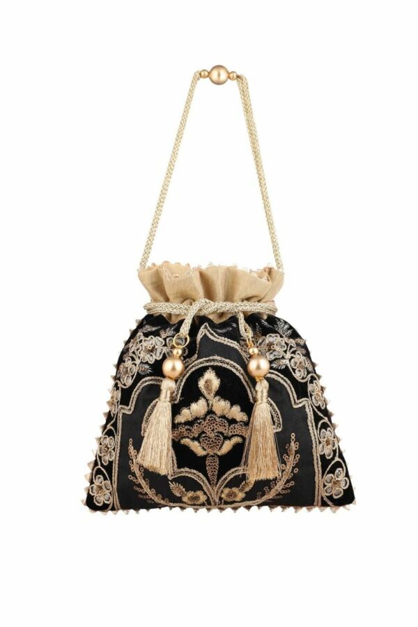 MASQ Black & Gold-Toned Embellished Embroidered Potli Clutch