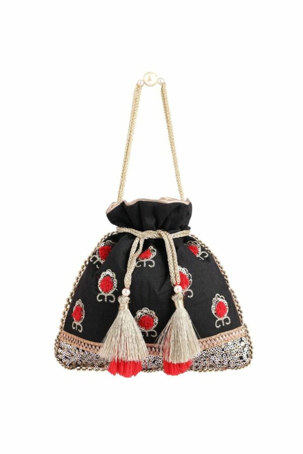 MASQ Black & Red Embellished Embroidered Potli Clutch