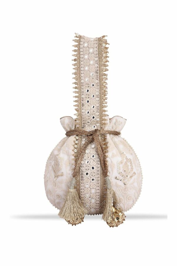 MASQ Off White & Gold-Toned Embellished Embroidered Potli Clutch
