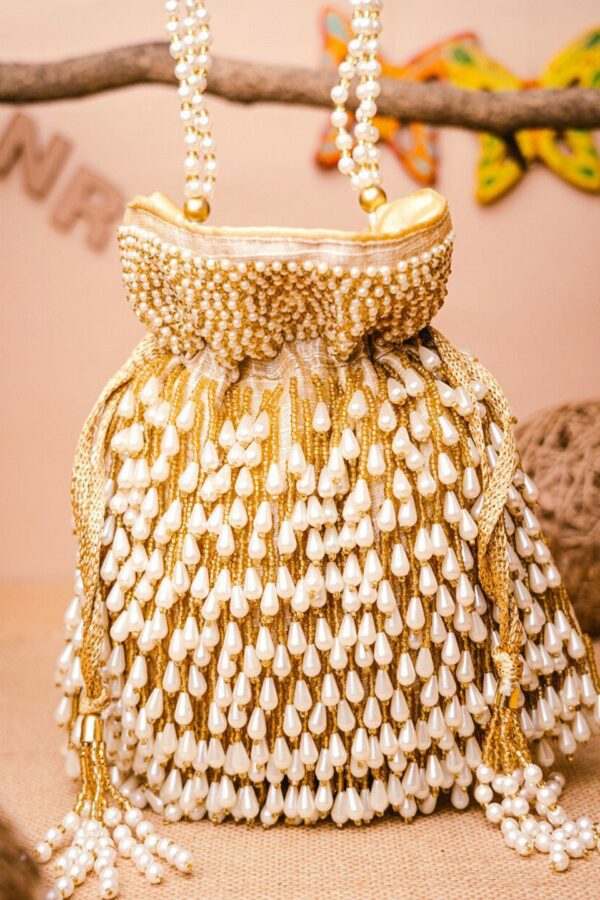 NR By Nidhi Rathi Cream-Coloured & White Embellished Potli Clutch