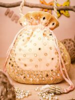 NR By Nidhi Rathi Women Peach-Coloured & Gold-Toned Embroidered Potli Clutch