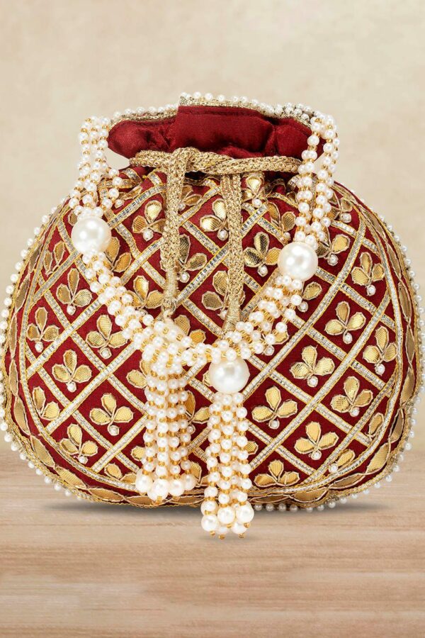 Peora Gold-Toned & Maroon Embroidered Potli Clutch