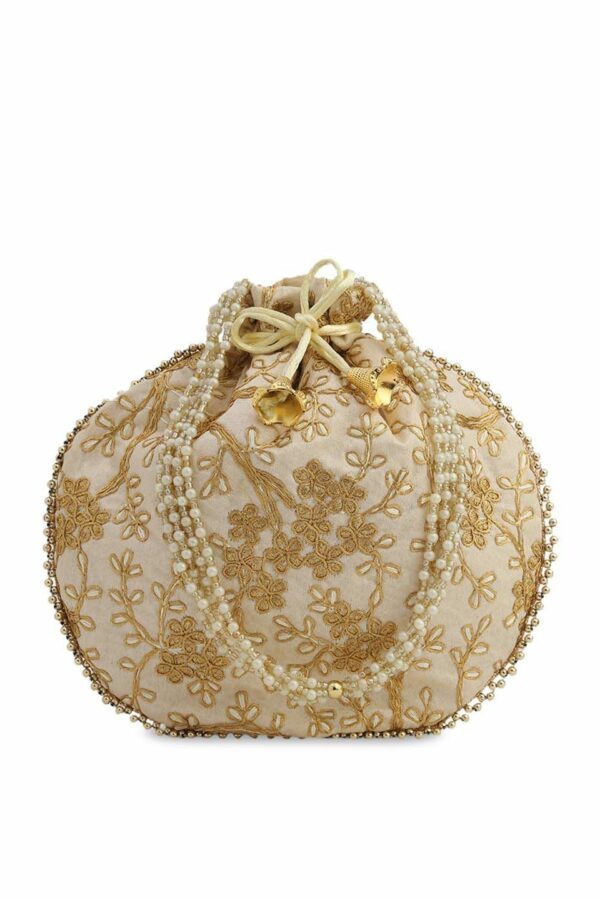 gaura pakhi Cream-Coloured & Gold-Toned Embroidered Potli Clutch