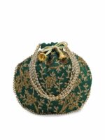 gaura pakhi Green & Gold-Toned Embellished Embroidered Potli Clutch