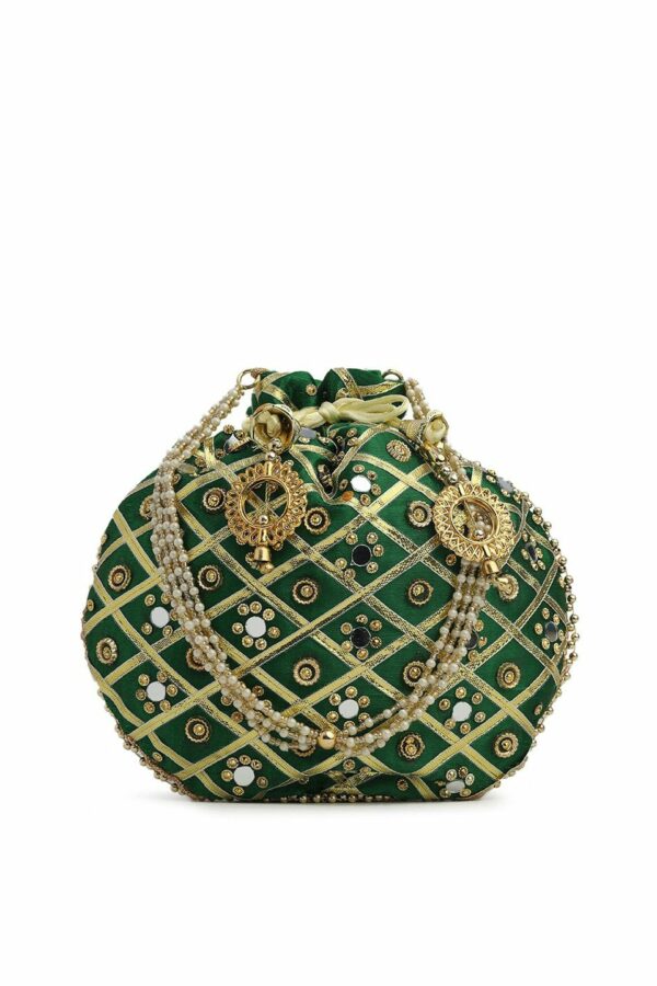 gaura pakhi Green & Gold-Toned Embroidered Potli Clutch