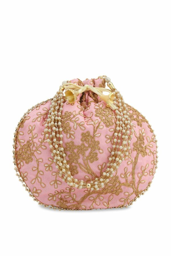 gaura pakhi Pink & Gold-Toned Embellished Embroidered Potli Clutch