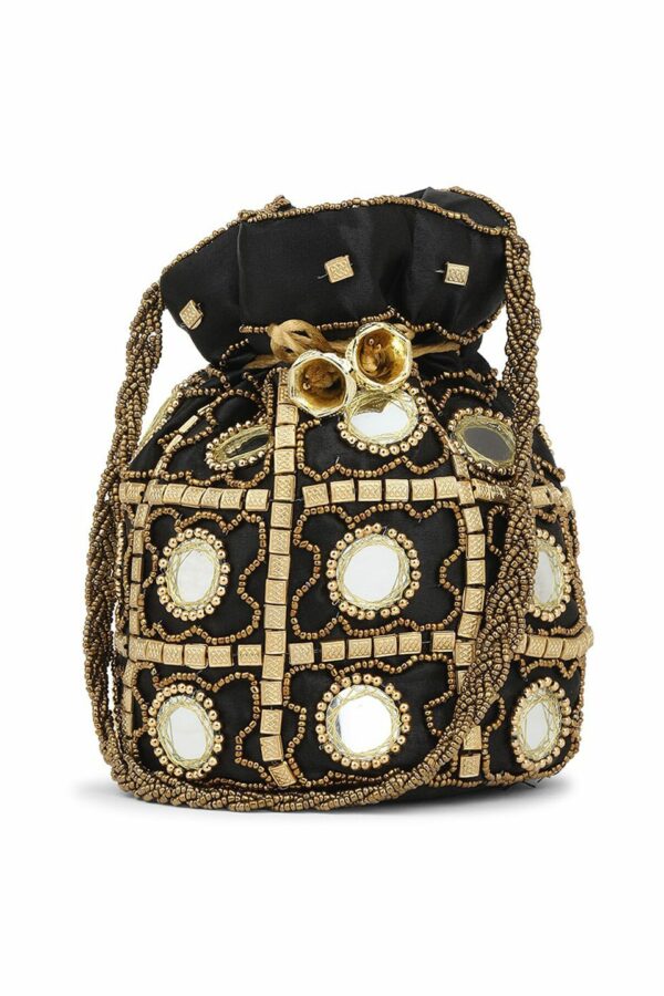 gaura pakhi Women Black Embroidered Potli With Wrist Loop