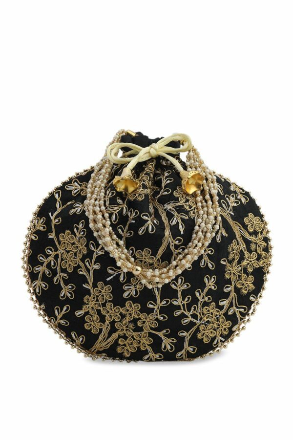 gaura pakhi Women Black & Gold-Toned Embroidered Potli Clutch