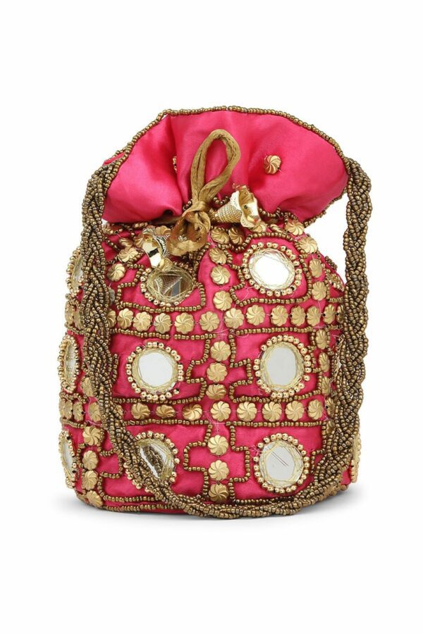 gaura pakhi Women Pink Embroidered Potli With Wrist Loop