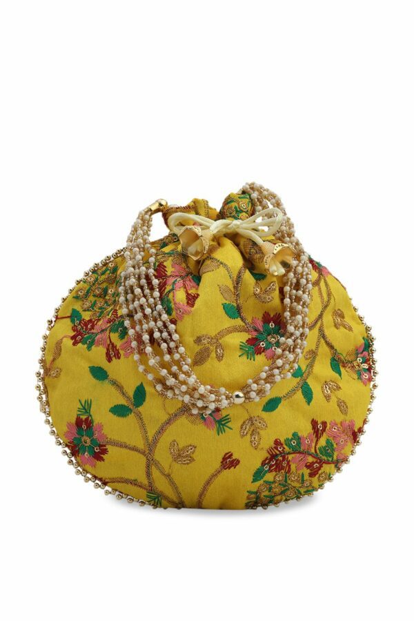 gaura pakhi Yellow & Green Embellished Embroidered Potli Clutch