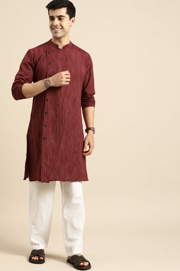 Anouk Men Maroon Striped Angrakha Pure Cotton Straight Kurta with Pyjamas