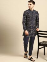 Anouk Men Navy Blue & Golden Ethnic Motifs Printed Straight Kurta with Trousers