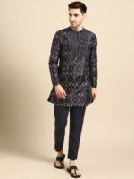 Anouk Men Navy Blue & Golden Ethnic Motifs Printed Straight Kurta with Trousers - Image 4