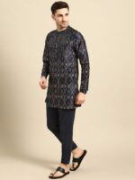 Anouk Men Navy Blue & Golden Ethnic Motifs Printed Straight Kurta with Trousers - Image 5