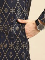 Anouk Men Navy Blue & Golden Ethnic Motifs Printed Straight Kurta with Trousers - Image 7