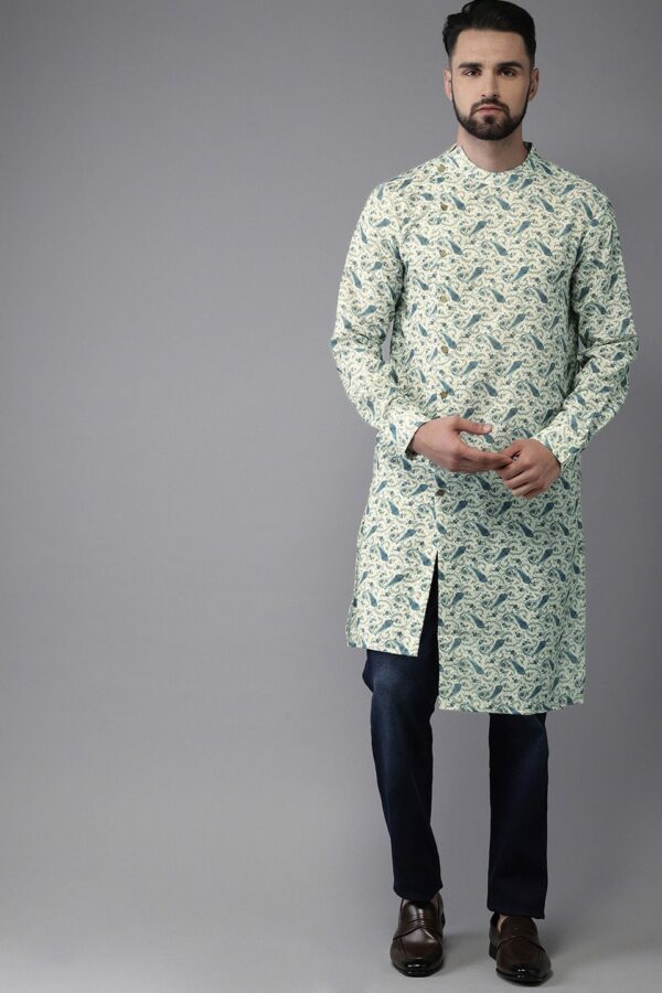 Anouk Men Sea Green & Blue Printed Fusion Straight Kurta