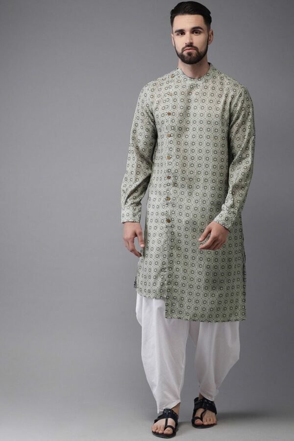 Anouk Men Sea Green & White Printed Fusion Straight Kurta