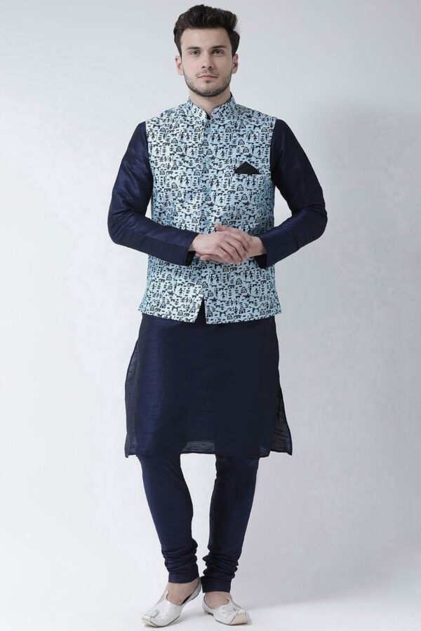 DEYANN Men Blue Solid Kurta with Churidar & Nehru Jacket