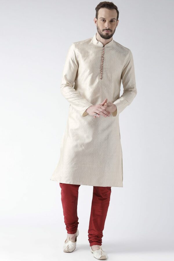 DEYANN Men Cream-Coloured & Maroon Self Design Kurta with Churidar