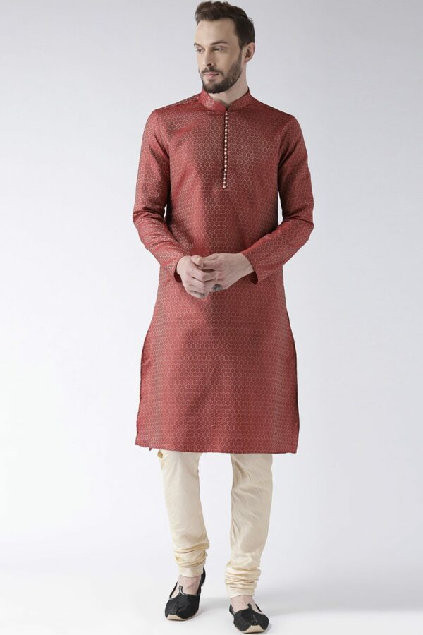 DEYANN Men Red Woven Design Straight Kurta