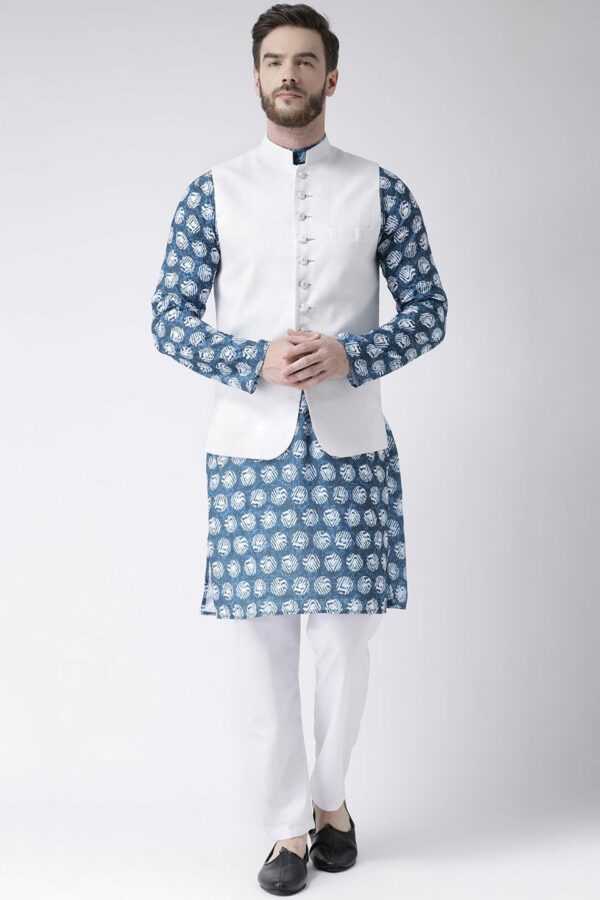 Hangup Men Blue & White Printed Kurta with Pyjamas & Nehru Jacket