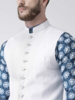 Hangup Men Blue & White Printed Kurta with Pyjamas & Nehru Jacket - Image 2