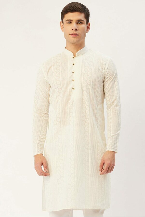 Jompers Men Cream-Coloured Ethnic Motifs Embroidered Cotton Kurta