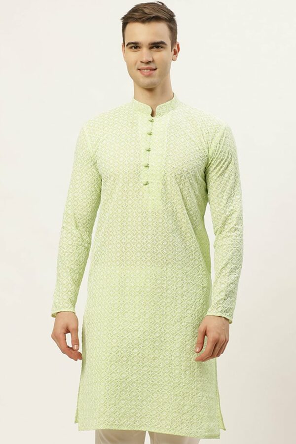 Jompers Men Green & White Embroidered Straight Pure Cotton Kurta
