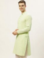 Jompers Men Green & White Embroidered Straight Pure Cotton Kurta - Image 3
