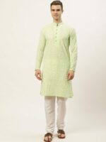 Jompers Men Green & White Embroidered Straight Pure Cotton Kurta - Image 5