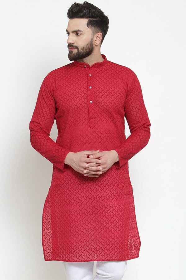 Jompers Men Maroon Floral Embroidered Thread Work Kurta