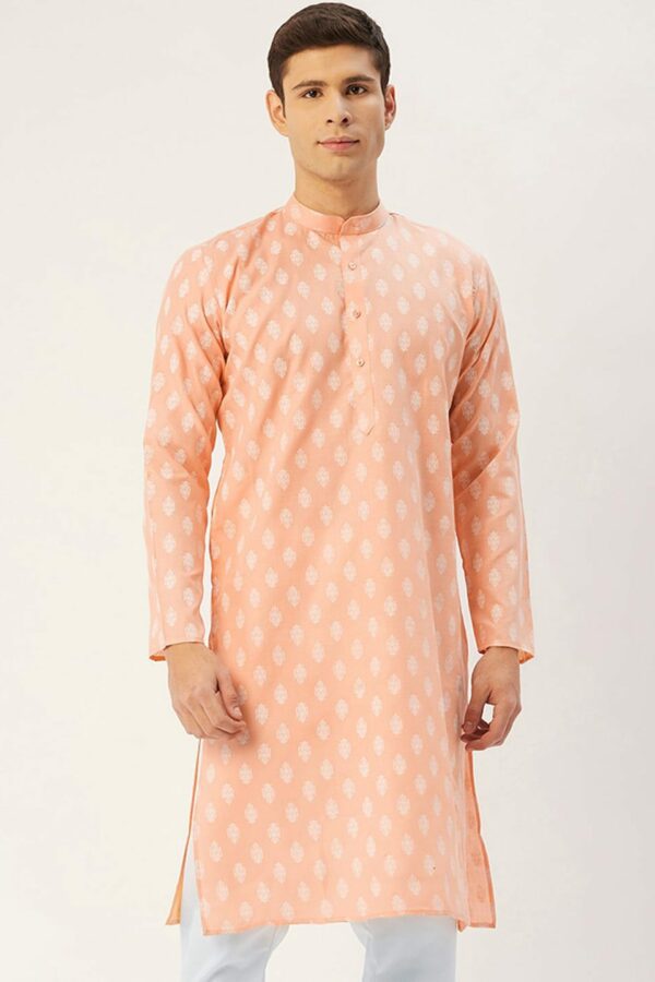 Jompers Men Peach-Coloured & White Ethnic Motifs Kurta