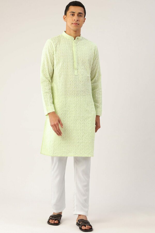 Molly & Michel Men Green Geometric Chikankari Kurta