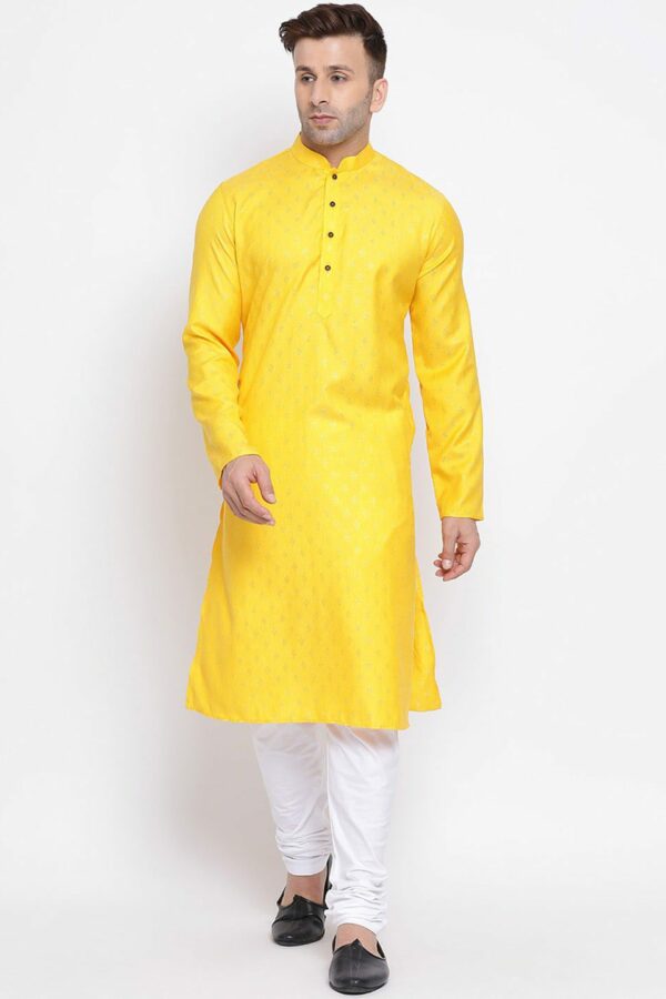NAMASKAR Men Yellow Solid Straight Kurta