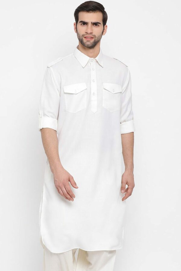 VASTRAMAY Men Off-White Solid Pathani Kurta