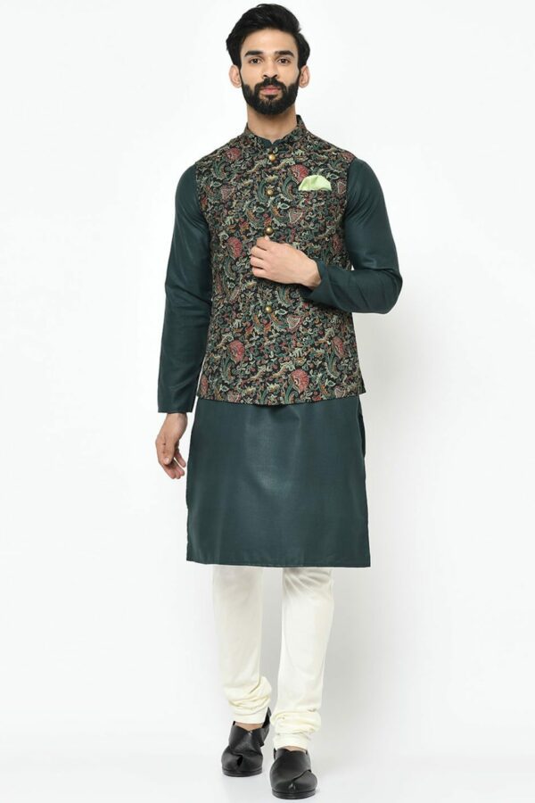 KISAH Men Black & Green Solid Kurta with Pyjamas With Nehru Jacket