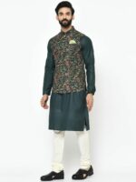 KISAH Men Black & Green Solid Kurta with Pyjamas With Nehru Jacket - Image 5