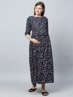 MomToBe Navy Blue Floral Printed Maternity Maxi Nursing Dress