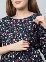 MomToBe Navy Blue Floral Printed Maternity Maxi Nursing Dress - Image 2