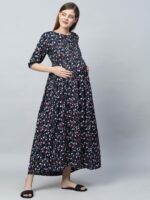 MomToBe Navy Blue Floral Printed Maternity Maxi Nursing Dress - Image 3