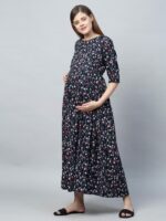 MomToBe Navy Blue Floral Printed Maternity Maxi Nursing Dress - Image 4