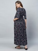 MomToBe Navy Blue Floral Printed Maternity Maxi Nursing Dress - Image 5